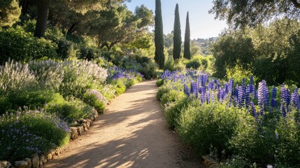 Obraz premium Sunlit garden path lined with vibrant purple lupines and other flowering plants.