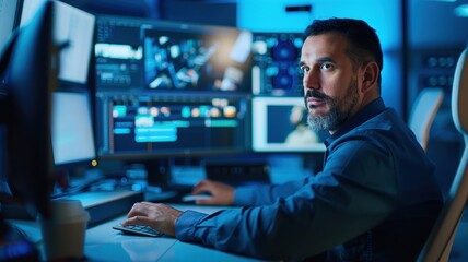 A focused man works on multiple monitors in a dimly lit room, surrounded by technology and data visuals, exuding concentration and expertise.
