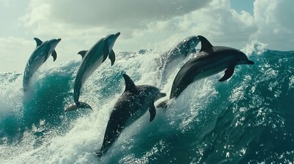 Obraz premium Five dolphins leap and play in a powerful ocean wave.