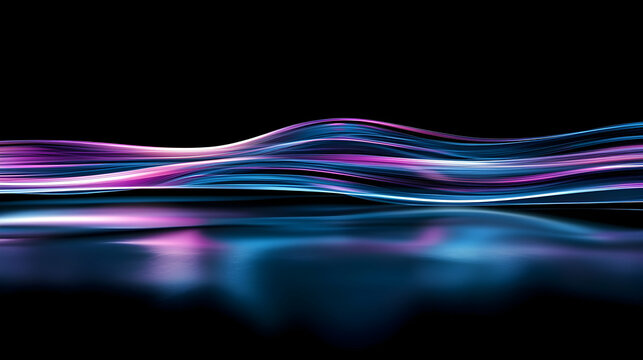 A futuristic abstract background featuring glowing neon blue and purple waveforms on a sleek black surface, creating a dynamic and modern aesthetic