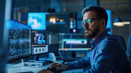 A focused professional analyzes data on multiple screens in a dimly lit workspace, showcasing modern technology and a high-tech environment.
