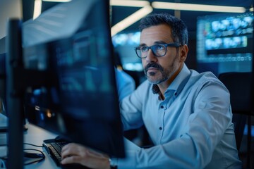 A focused man in glasses works intently at a computer in a modern, high-tech environment filled with digital screens.