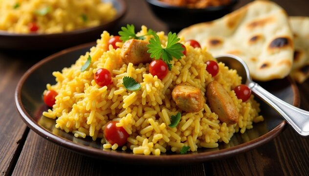 Chicken bryani fried rice served with a side of steamed basmati rice and naan bread , chicken fried rice, Indian-inspired dish, utensils