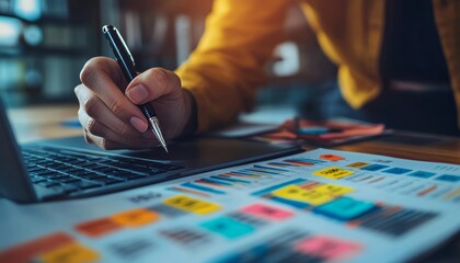 Person planning future events with pen and stickers on laptop calendar at organized desk