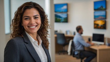 Fototapeta premium Latino Businesswoman Smiling with Colleagues in Office of Travel Agency