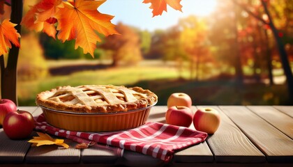 Generated image An outdoor autumn setting with an apple pie on a wooden table and a plaid tablecloth