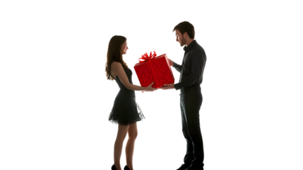A couple exchanging gifts surrounded by hearts, isolated on white 