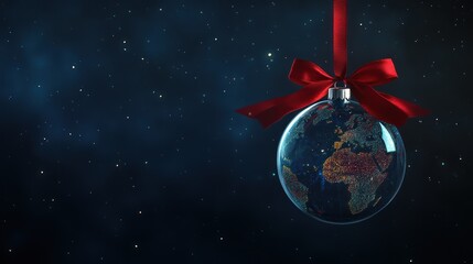 Earth globe Christmas ornament with red ribbon.