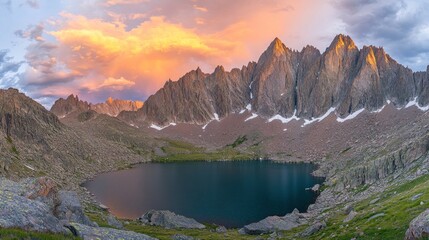 Fototapeta premium Majestic sunset illuminates alpine lake nestled in dramatic mountain range.