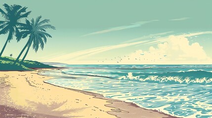 A cartoon illustration of a tropical beach scene with palm trees and a blue sky.