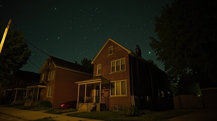 Night scene of two brick houses on a residential street under a starry sky.