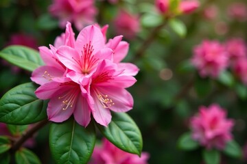 Fototapeta premium A beautiful blooming pink rhododendron in full flower, pink rhododendron flowers, flower gardens
