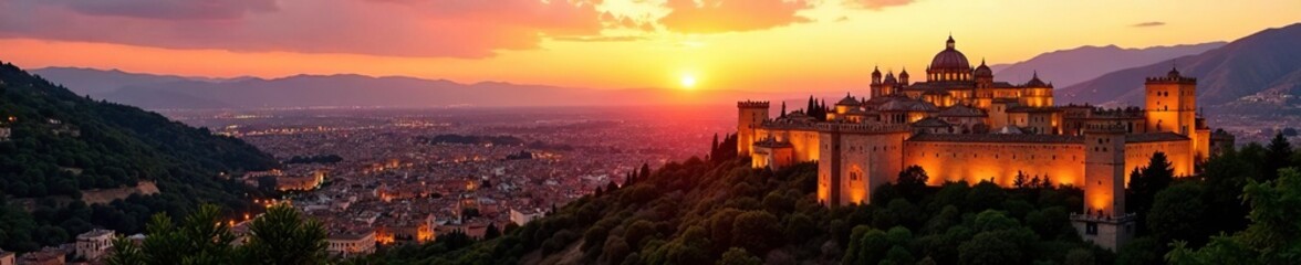 Obraz premium A beautiful sunset view of Alhambra's palace from above, beauty, granada