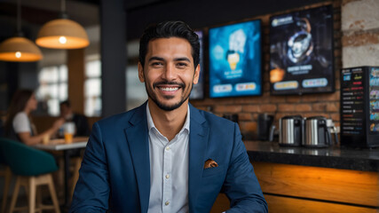 Fototapeta premium Latino Businessman and Woman Smiling at Urban Cafe with Screens in Night City Street