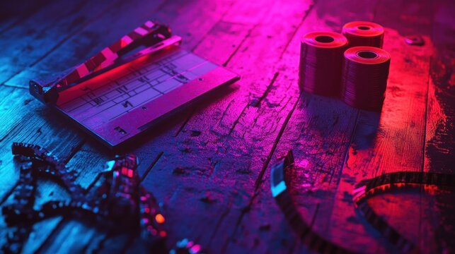 Filmmaking equipment on a rustic wooden surface under vibrant neon lighting.