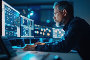 A focused professional analyzes data on multiple screens in a darkened room, illuminated by vibrant blue lights.