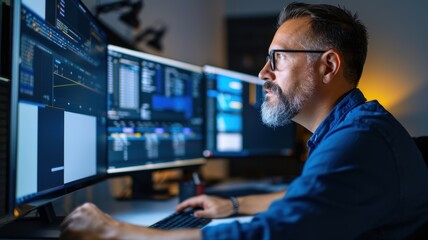A focused man works at multiple computer screens, analyzing data and managing projects in a dimly lit workspace.