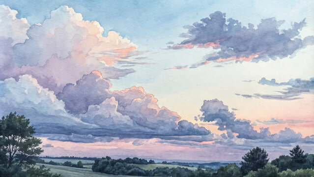 Serene watercolor landscape featuring vibrant clouds at sunset over rolling hills and trees.