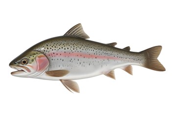 Fototapeta premium A whole trout with a streamlined body, featuring a silver-gray coloration on its sides and a darker back. The fish has a prominent eye and a slightly forked tail. The background is plain white , empha