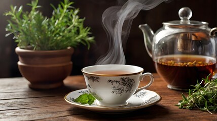 Fototapeta premium A close-up shot of a steaming herbal tea cup placed on a wooden table with herbs and a teapot in the background. 