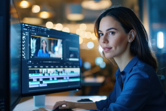 A focused woman edits video content on a computer, showcasing her skills in a modern workspace filled with warm lighting and a creative atmosphere.
