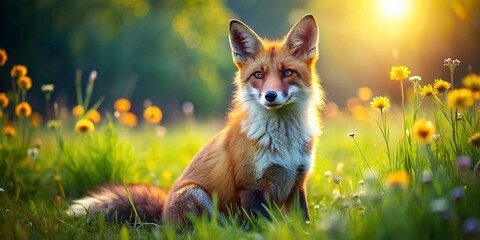Fototapeta premium Summer Fox Photography: Cute Red Fox in Meadow, Wildlife Animal Images, Sunny Day, Fox Portrait, Summer Scenery, Wild Fox Photos