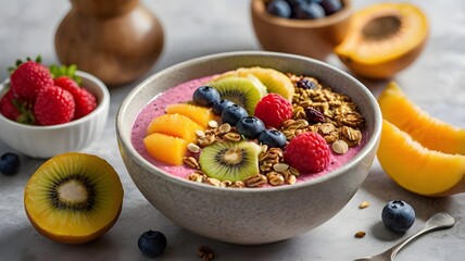 A vibrant smoothie bowl topped with sliced fruit, seeds, and granola, set on a bright kitchen counter.
