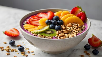 A vibrant smoothie bowl topped with sliced fruit, seeds, and granola, set on a bright kitchen counter.
