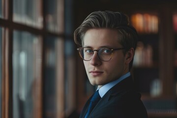 Fototapeta premium Portrait of a confident businessman wearing eyeglasses and a suit in an office library, exuding professionalism and intelligence