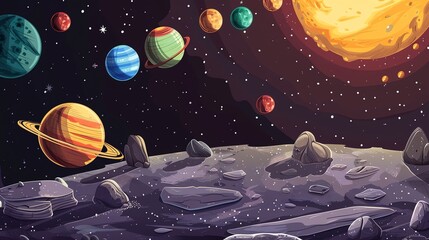 Cartoon style illustration of a solar system with multiple planets, a sun, and a rocky plane.