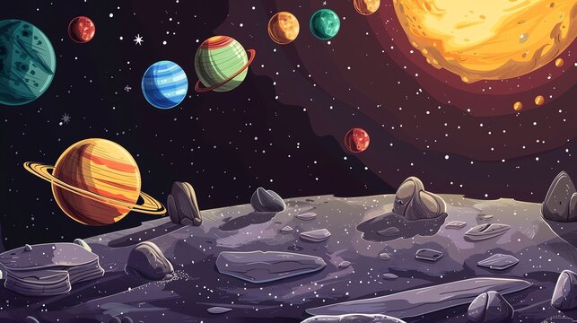 Cartoon style illustration of a solar system with multiple planets, a sun, and a rocky plane.