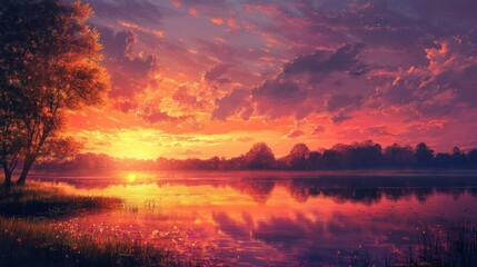 Sunset Over a Tranquil Lake