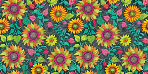 Vibrant floral pattern featuring sunflowers and colorful leaves.