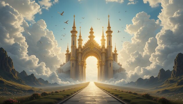 Golden Gate to Heaven: A Majestic Castle Archway in the Clouds - Powered by Adobe