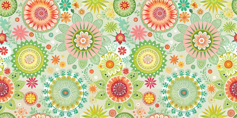 Colorful floral pattern featuring vibrant shapes and intricate designs.