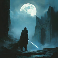 Mysterious Warrior with a Glowing Sword Under a Full Moon