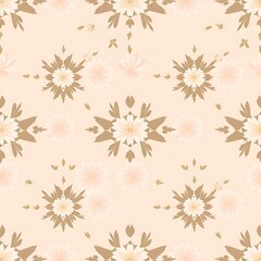 Floral Mandala Seamless Pattern:  A delicate and intricate pattern featuring white daisy-like flowers with a brown floral mandala design on a peach background, perfect for wallpaper, textile.