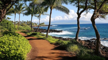 Obraz premium Park with a walking trail by the beach, ocean waves in the background, palm trees swaying, bright and tropical 