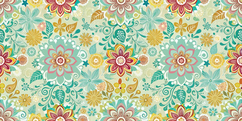 Fototapeta premium Colorful floral pattern featuring intricate flowers and leaves on a soft background.