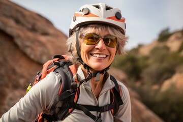 Portrait of a smiling senior woman with a backpack and helmet on a mountain hike.