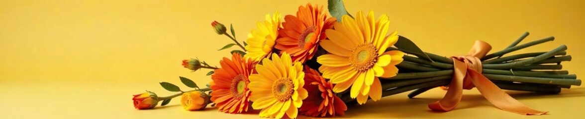 Fototapeta premium A bundle of dried orange and yellow flowers with a ribbon wrapped around it, dried, yellow, earthy