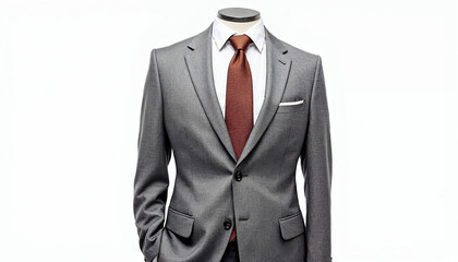 Stylish gray suit displayed on a mannequin in a bright storefront for formal clothing