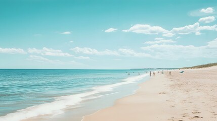 Fototapeta premium Tranquil Beach Scene With People And Blue Sky