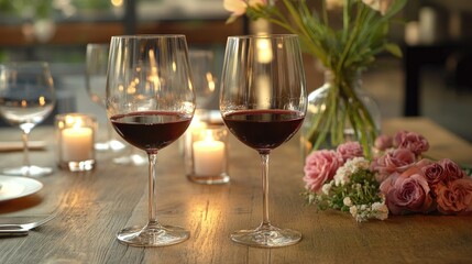 Two glasses of red wine on a wooden table, complemented by glowing candles and fresh flowers for an intimate evening.