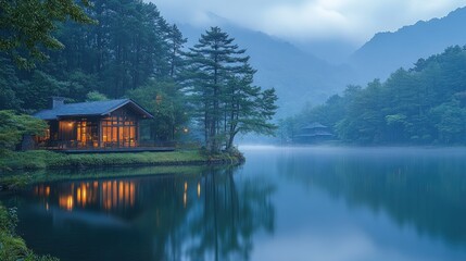 Fototapeta premium Lake house, tranquil forest, serene evening scene.