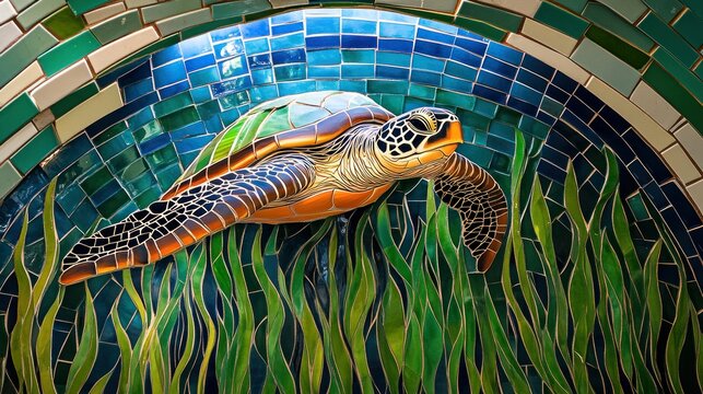 Colorful mosaic sea turtle in an arched tile design.