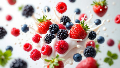 Colorful berries splash in creamy milk against a light background creating an eye-catching dessert scene