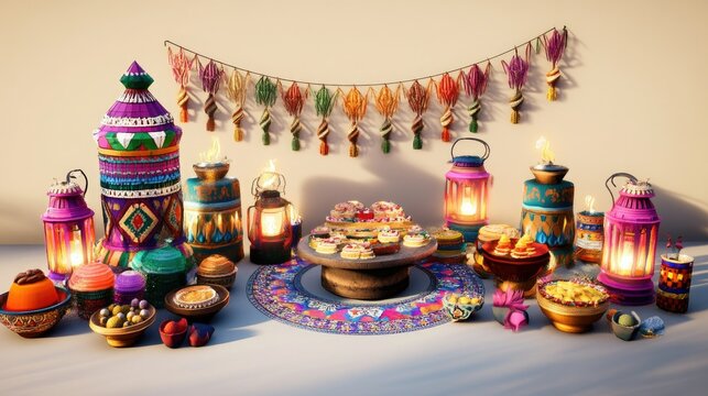 Vibrant 3D display of Diwali products featuring colorful lanterns, festive sweets, and decorative items on a light backdrop.