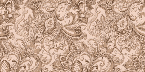 Elegant beige paisley pattern with floral elements and intricate details.