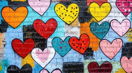 Colorful Hearts Painted on Brick Wall: A Vibrant Street Art Mural Displaying Love and Creativity